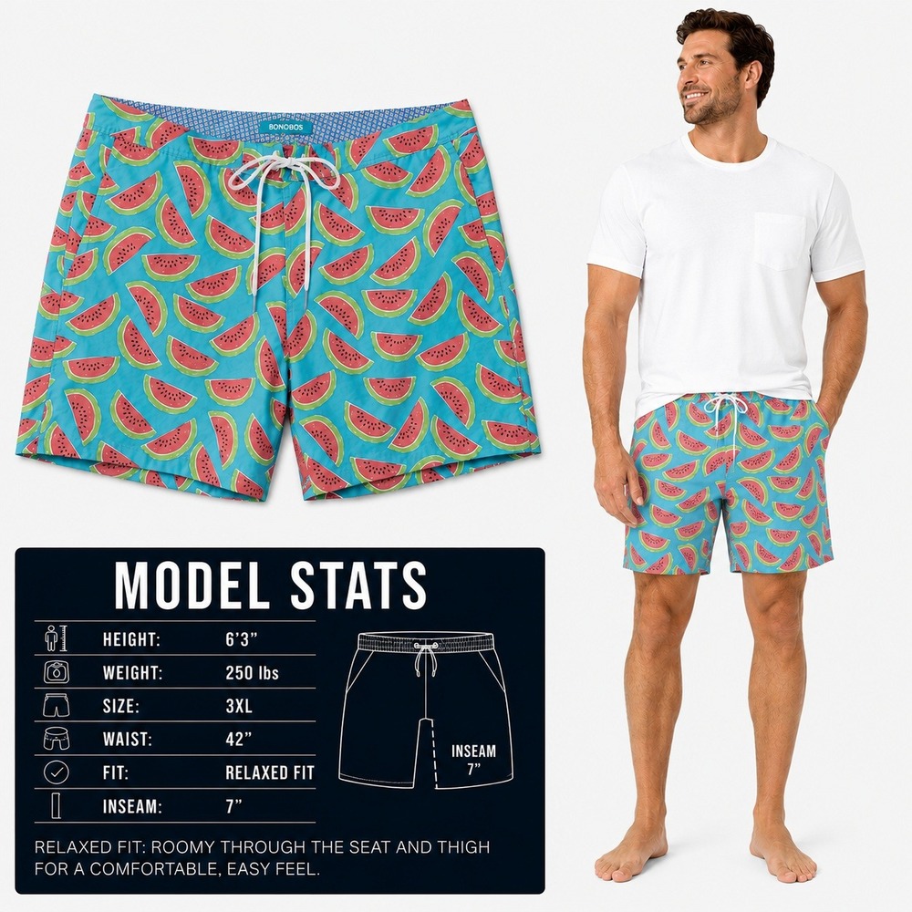 Bonobos Mens Watermelon Print Swim Trunks Blue Relaxed Fit 7in Inseam Size 3XL‎